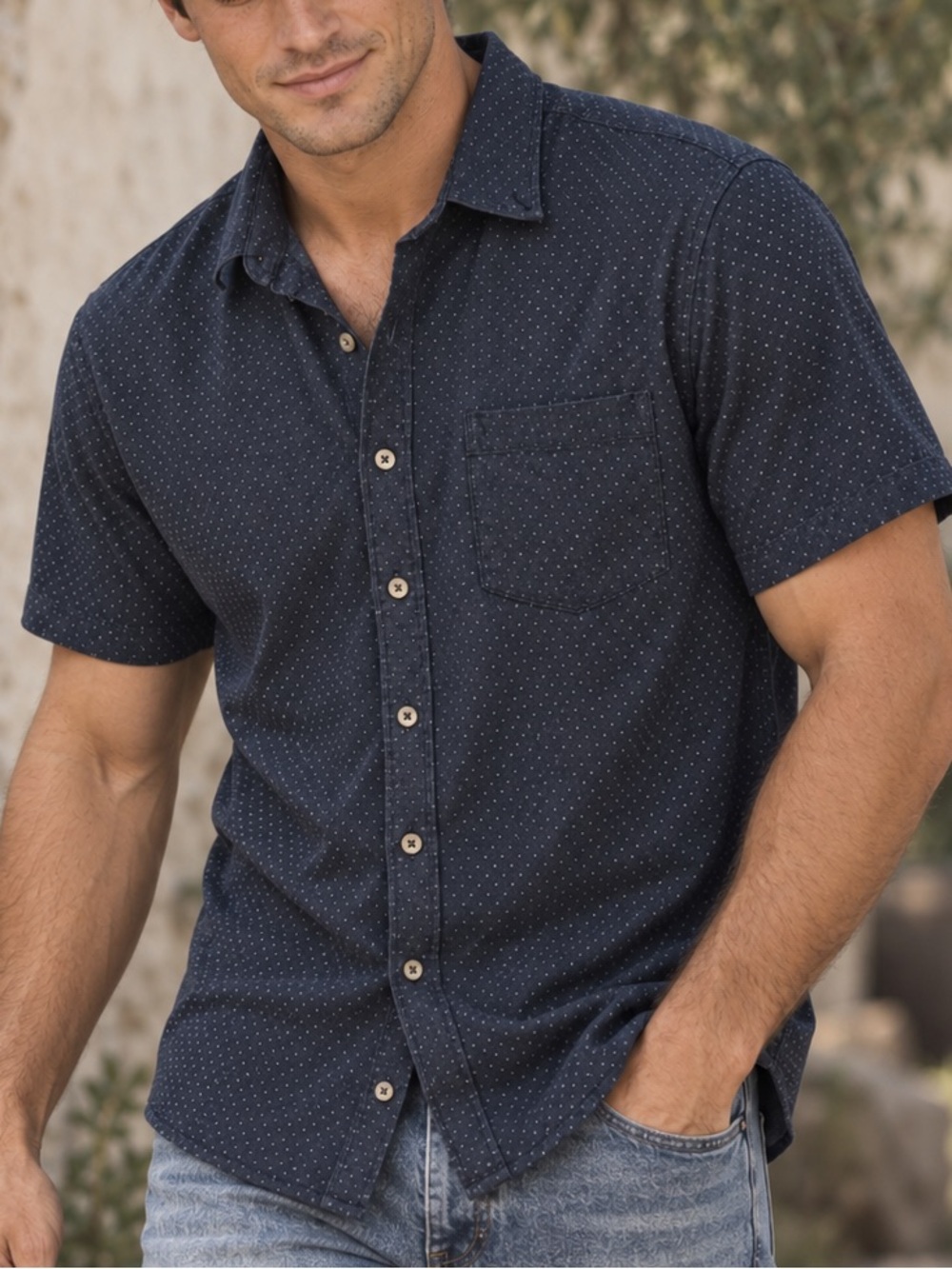WRK The Reworked Shirt Navy Micro Dot Button Up XL 100% Cotton